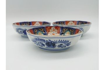 幕末〜明治期　富長貴春(富貴長春)　伊万里　色絵　金彩　5寸皿　約15cm　煌びやかで豪華な絵付けの深皿3客セット(和食器、和皿、変形皿、五寸)(R-062288)