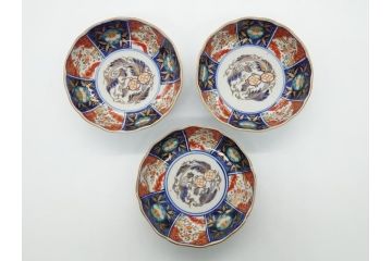 幕末〜明治期　富長貴春(富貴長春)　伊万里　色絵　金彩　5寸皿　約15cm　煌びやかで豪華な絵付けの深皿3客セット(和食器、和皿、変形皿、五寸)(R-062288)