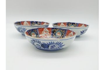 幕末〜明治期　富長貴春(富貴長春)　伊万里　色絵　金彩　5寸皿　約15cm　煌びやかで豪華な絵付けの深皿3客セット(和食器、和皿、変形皿、五寸)(R-062289)