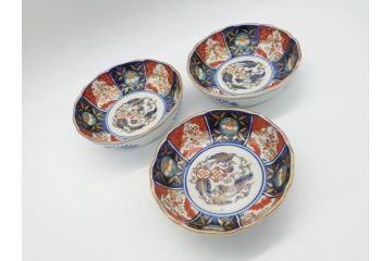 幕末〜明治期　富長貴春(富貴長春)　伊万里　色絵　金彩　5寸皿　約15cm　煌びやかで豪華な絵付けの深皿3客セット(和食器、和皿、変形皿、五寸)(R-062289)