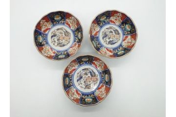 幕末〜明治期　富長貴春(富貴長春)　伊万里　色絵　金彩　5寸皿　約15cm　煌びやかで豪華な絵付けの深皿3客セット(和食器、和皿、変形皿、五寸)(R-062289)