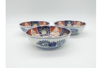 幕末〜明治期　富長貴春(富貴長春)　伊万里　色絵　金彩　5寸皿　約15cm　煌びやかで豪華な絵付けの深皿3客セット(和食器、和皿、変形皿、五寸)(R-062290)