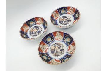 幕末〜明治期　富長貴春(富貴長春)　伊万里　色絵　金彩　5寸皿　約15cm　煌びやかで豪華な絵付けの深皿3客セット(和食器、和皿、変形皿、五寸)(R-062290)