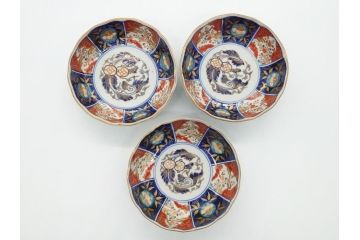 幕末〜明治期　富長貴春(富貴長春)　伊万里　色絵　金彩　5寸皿　約15cm　煌びやかで豪華な絵付けの深皿3客セット(和食器、和皿、変形皿、五寸)(R-062290)