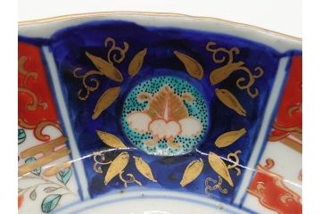 幕末〜明治期　富長貴春(富貴長春)　伊万里　色絵　金彩　5寸皿　約15cm　煌びやかで豪華な絵付けの深皿3客セット(和食器、和皿、変形皿、五寸)(R-062290)