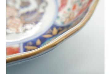 幕末〜明治期　富長貴春(富貴長春)　伊万里　色絵　金彩　5寸皿　約15cm　煌びやかで豪華な絵付けの深皿3客セット(和食器、和皿、変形皿、五寸)(R-062290)