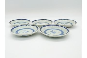 江戸期　古伊万里　染付　鶴文　4.1寸皿　約12.5cm　清楚な絵付けで食卓に馴染みやすい小皿5客セット(四寸一分、和食器、和皿)(R-062291)