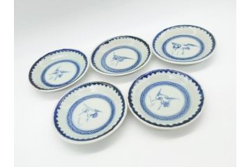 江戸期　古伊万里　染付　鶴文　4.1寸皿　約12.5cm　清楚な絵付けで食卓に馴染みやすい小皿5客セット(四寸一分、和食器、和皿)(R-062291)
