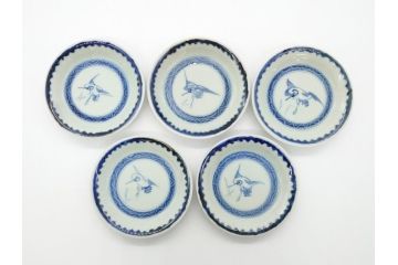 江戸期　古伊万里　染付　鶴文　4.1寸皿　約12.5cm　清楚な絵付けで食卓に馴染みやすい小皿5客セット(四寸一分、和食器、和皿)(R-062291)