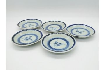 江戸期　古伊万里　染付　鶴文　4.3寸皿　約13cm　清楚な絵付けで食卓に馴染みやすい小皿5客セット(四寸三分、和食器、和皿)(R-062292)