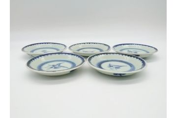 江戸期　古伊万里　染付　鶴文　4.3寸皿　約13cm　清楚な絵付けで食卓に馴染みやすい小皿5客セット(四寸三分、和食器、和皿)(R-062292)