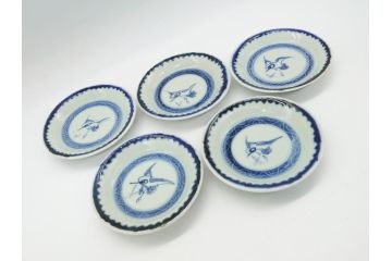江戸期　古伊万里　染付　鶴文　4.3寸皿　約13cm　清楚な絵付けで食卓に馴染みやすい小皿5客セット(四寸三分、和食器、和皿)(R-062292)