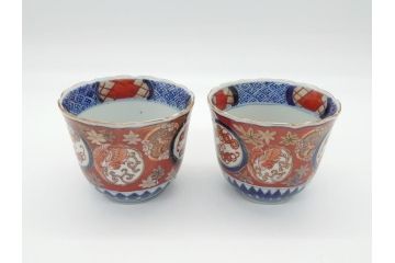 明治期　伊万里焼　色絵　多種多様な絵付けが目を引く湯呑み2客セット(蕎麦猪口、松竹、紅葉、龍、鳳凰、和食器)(R-062294)