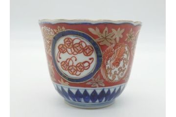明治期　伊万里焼　色絵　多種多様な絵付けが目を引く湯呑み2客セット(蕎麦猪口、松竹、紅葉、龍、鳳凰、和食器)(R-062294)