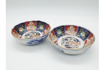 幕末〜明治期　富長貴春(富貴長春)　伊万里　色絵　金彩　5寸皿　約15cm　煌びやかで豪華な絵付けの深皿2客セット(和食器、和皿、変形皿、五寸)(R-062297)