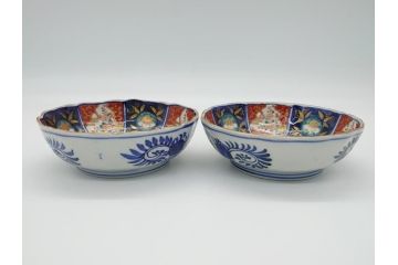 幕末〜明治期　富長貴春(富貴長春)　伊万里　色絵　金彩　5寸皿　約15cm　煌びやかで豪華な絵付けの深皿2客セット(和食器、和皿、変形皿、五寸)(R-062297)