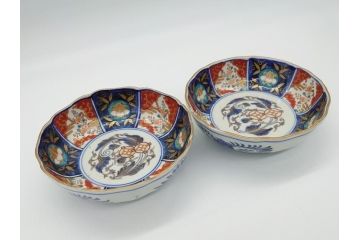幕末〜明治期　富長貴春(富貴長春)　伊万里　色絵　金彩　5寸皿　約15cm　煌びやかで豪華な絵付けの深皿2客セット(和食器、和皿、変形皿、五寸)(R-062297)