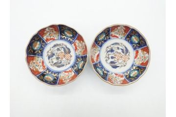 幕末〜明治期　富長貴春(富貴長春)　伊万里　色絵　金彩　5寸皿　約15cm　煌びやかで豪華な絵付けの深皿2客セット(和食器、和皿、変形皿、五寸)(R-062297)