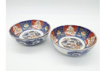 幕末〜明治期　富長貴春(富貴長春)　伊万里　色絵　金彩　5寸皿　約15cm　煌びやかで豪華な絵付けの深皿2客セット(和食器、和皿、変形皿、五寸)(R-062298)