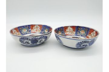 幕末〜明治期　富長貴春(富貴長春)　伊万里　色絵　金彩　5寸皿　約15cm　煌びやかで豪華な絵付けの深皿2客セット(和食器、和皿、変形皿、五寸)(R-062298)