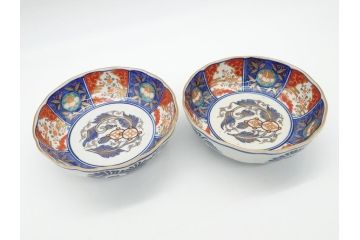 幕末〜明治期　富長貴春(富貴長春)　伊万里　色絵　金彩　5寸皿　約15cm　煌びやかで豪華な絵付けの深皿2客セット(和食器、和皿、変形皿、五寸)(R-062298)