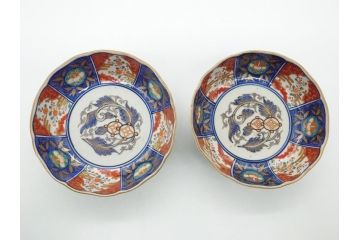 幕末〜明治期　富長貴春(富貴長春)　伊万里　色絵　金彩　5寸皿　約15cm　煌びやかで豪華な絵付けの深皿2客セット(和食器、和皿、変形皿、五寸)(R-062298)