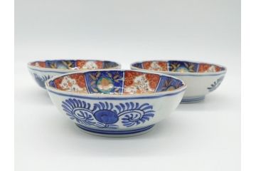 幕末〜明治期　富長貴春(富貴長春)　伊万里　色絵　金彩　5寸皿　約15cm　煌びやかで豪華な絵付けの深皿3客セット(和食器、和皿、変形皿、五寸)(R-062300)