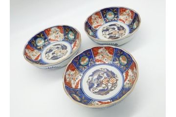 幕末〜明治期　富長貴春(富貴長春)　伊万里　色絵　金彩　5寸皿　約15cm　煌びやかで豪華な絵付けの深皿3客セット(和食器、和皿、変形皿、五寸)(R-062300)