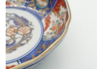 幕末〜明治期　富長貴春(富貴長春)　伊万里　色絵　金彩　5寸皿　約15cm　煌びやかで豪華な絵付けの深皿3客セット(和食器、和皿、変形皿、五寸)(R-062300)