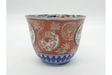 明治期　伊万里焼　色絵　多種多様な絵付けが目を引く湯呑み5客セット(蕎麦猪口、松竹、紅葉、龍、鳳凰、和食器)(R-062301)