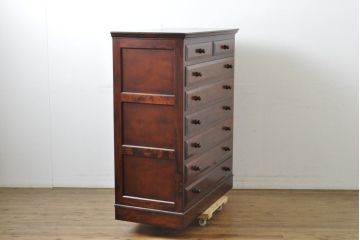 中古　九州民芸家具　美しい木目とシックな色合いが魅力のチェスト(衣装箪笥、引き出し、整理箪笥、洋服タンス、和たんす)(R-062311)