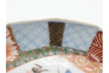 幕末〜明治期　伊万里　色絵　錦手　鶴松　2.5寸皿　約7.5cm　鮮やかな色彩と上品なフォルムが食卓のアクセントとなる変形皿7客セット(深皿、和食器、和皿、二寸五分)(R-062331)
