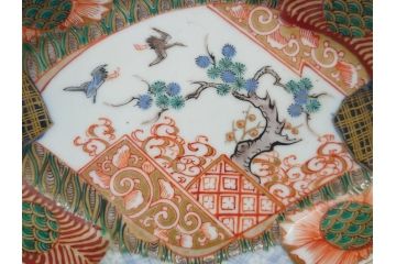 幕末〜明治期　伊万里　色絵　錦手　鶴松　2.5寸皿　約7.5cm　鮮やかな色彩と上品なフォルムが食卓のアクセントとなる変形皿7客セット(深皿、和食器、和皿、二寸五分)(R-062331)