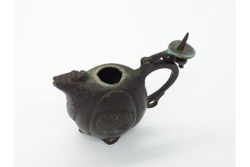 時代物　明治期　龍文堂　古銅　鳳凰文　珍獣口　使い込むほどに深みが増す水滴(書道具、箱無し)(R-062345)