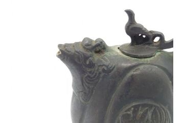 時代物　明治期　龍文堂　古銅　鳳凰文　珍獣口　使い込むほどに深みが増す水滴(書道具、箱無し)(R-062345)