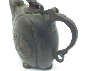 時代物　明治期　龍文堂　古銅　鳳凰文　珍獣口　使い込むほどに深みが増す水滴(書道具、箱無し)(R-062345)