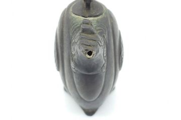 時代物　明治期　龍文堂　古銅　鳳凰文　珍獣口　使い込むほどに深みが増す水滴(書道具、箱無し)(R-062345)
