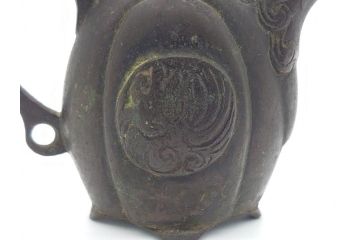 時代物　明治期　龍文堂　古銅　鳳凰文　珍獣口　使い込むほどに深みが増す水滴(書道具、箱無し)(R-062345)