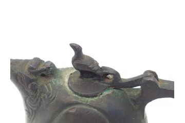 時代物　明治期　龍文堂　古銅　鳳凰文　珍獣口　使い込むほどに深みが増す水滴(書道具、箱無し)(R-062345)