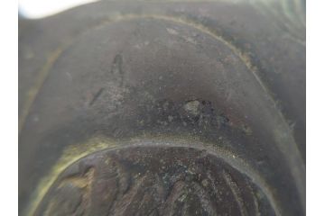 時代物　明治期　龍文堂　古銅　鳳凰文　珍獣口　使い込むほどに深みが増す水滴(書道具、箱無し)(R-062345)