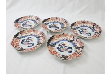 江戸期　古伊万里　色絵　角福　青海波文　8.6寸皿　約26cm　鮮やかな色彩と奇抜なフォルムが食卓のアクセントとなる変形皿5客セット(大皿、八寸六分、和食器、和皿)(R-062349)