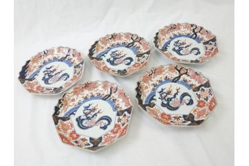 江戸期　古伊万里　色絵　角福　青海波文　8.6寸皿　約26cm　鮮やかな色彩と奇抜なフォルムが食卓のアクセントとなる変形皿5客セット(大皿、八寸六分、和食器、和皿)(R-062349)