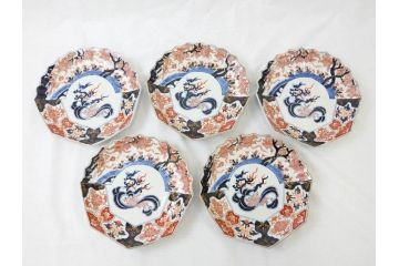 江戸期　古伊万里　色絵　角福　青海波文　8.6寸皿　約26cm　鮮やかな色彩と奇抜なフォルムが食卓のアクセントとなる変形皿5客セット(大皿、八寸六分、和食器、和皿)(R-062349)