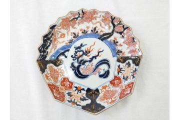 江戸期　古伊万里　色絵　角福　青海波文　8.6寸皿　約26cm　鮮やかな色彩と奇抜なフォルムが食卓のアクセントとなる変形皿5客セット(大皿、八寸六分、和食器、和皿)(R-062349)