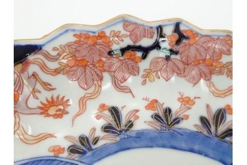 江戸期　古伊万里　色絵　角福　青海波文　8.6寸皿　約26cm　鮮やかな色彩と奇抜なフォルムが食卓のアクセントとなる変形皿5客セット(大皿、八寸六分、和食器、和皿)(R-062349)
