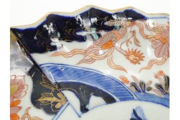江戸期　古伊万里　色絵　角福　青海波文　8.6寸皿　約26cm　鮮やかな色彩と奇抜なフォルムが食卓のアクセントとなる変形皿5客セット(大皿、八寸六分、和食器、和皿)(R-062349)