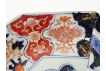江戸期　古伊万里　色絵　角福　青海波文　8.6寸皿　約26cm　鮮やかな色彩と奇抜なフォルムが食卓のアクセントとなる変形皿5客セット(大皿、八寸六分、和食器、和皿)(R-062349)