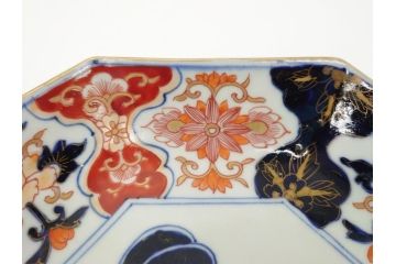 江戸期　古伊万里　色絵　角福　青海波文　8.6寸皿　約26cm　鮮やかな色彩と奇抜なフォルムが食卓のアクセントとなる変形皿5客セット(大皿、八寸六分、和食器、和皿)(R-062349)