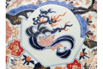 江戸期　古伊万里　色絵　角福　青海波文　8.6寸皿　約26cm　鮮やかな色彩と奇抜なフォルムが食卓のアクセントとなる変形皿5客セット(大皿、八寸六分、和食器、和皿)(R-062349)
