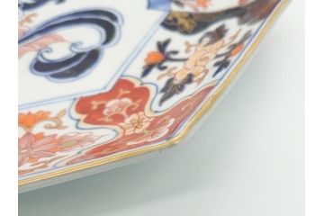 江戸期　古伊万里　色絵　角福　青海波文　8.6寸皿　約26cm　鮮やかな色彩と奇抜なフォルムが食卓のアクセントとなる変形皿5客セット(大皿、八寸六分、和食器、和皿)(R-062349)